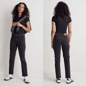 Madewell The Petite Ripped Mid-Rise Perfect Vintage Straight Jean in Black